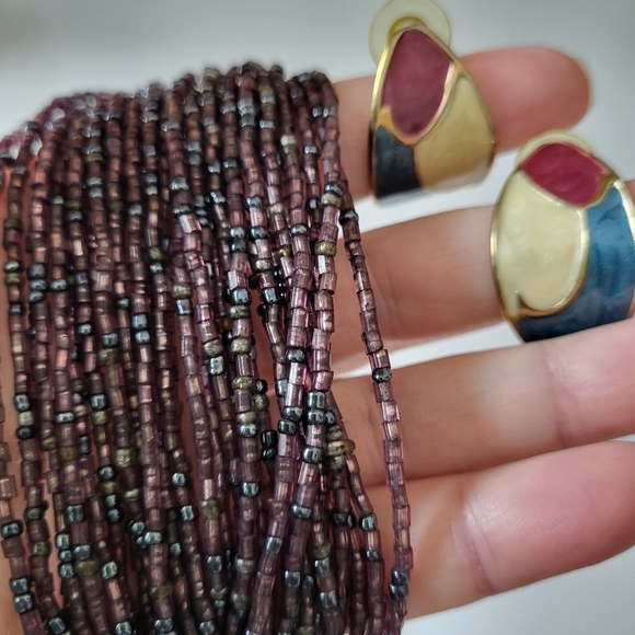 Purple Multistrand Knotted Seed Bead Necklace and Vintage Enamel Earrings - Picture 11 of 16